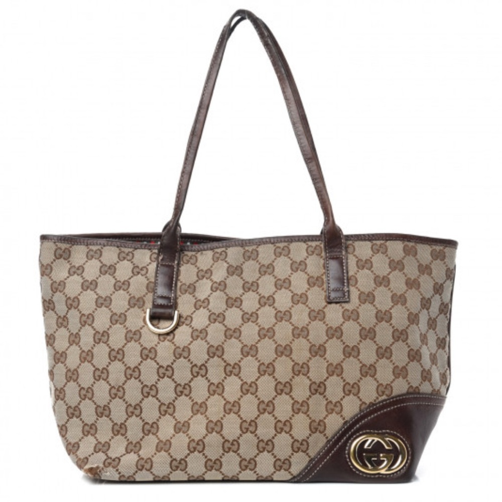 Gucci Brown GG Monogram Tote with Leather Trim